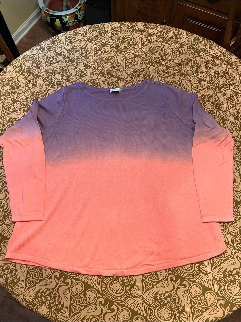 Belle Beachby Kim Gravel Ombre Long-Sleeve Crewneck Top in Purple & Orange/Pink